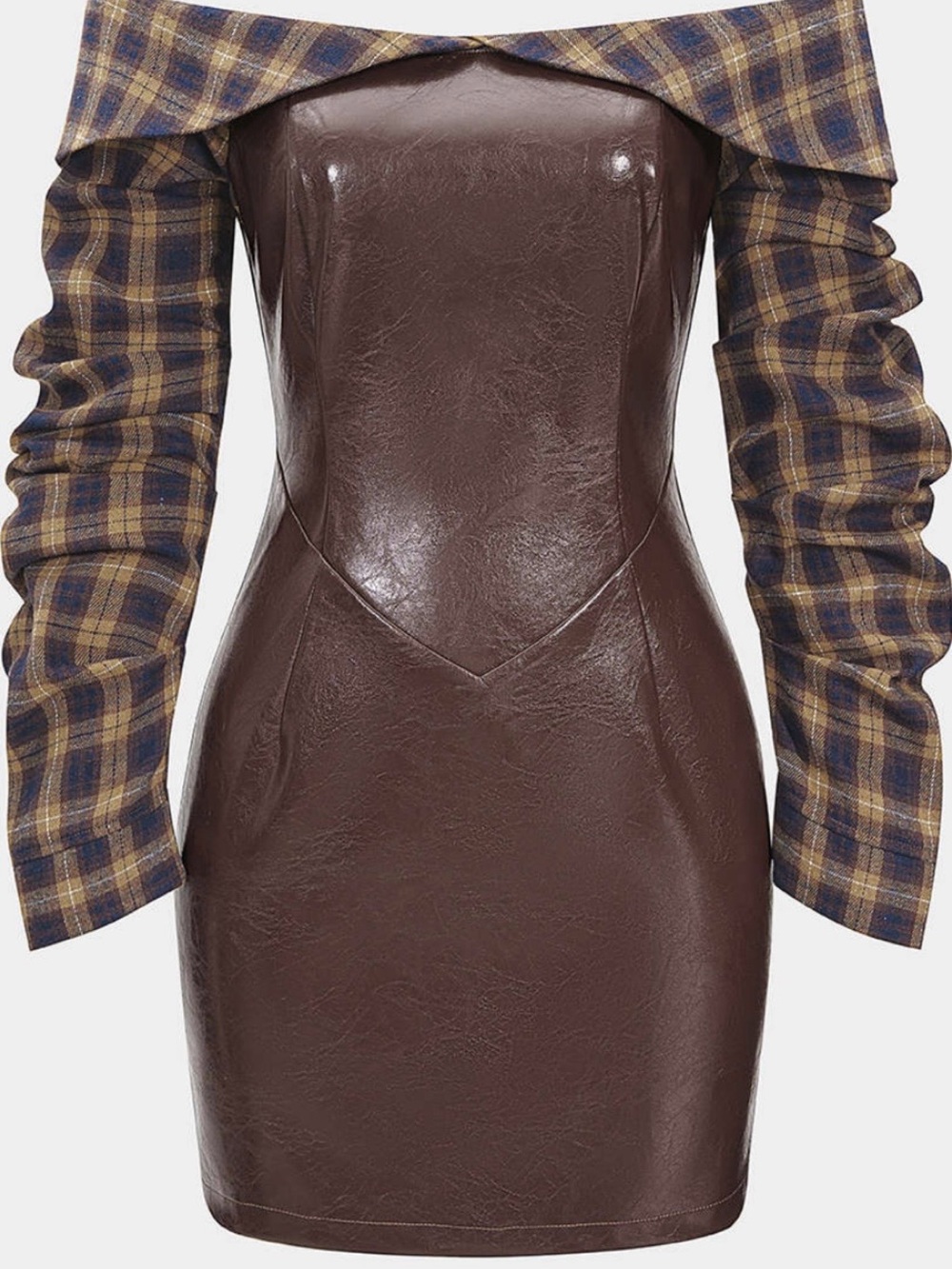 Off-Shoulder Brown Faux Leather Mini Dress with Plaid Sleeves